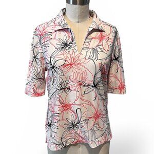 Ashworth Ladies Golf Top Black & Pink Floral Print - Size Medium